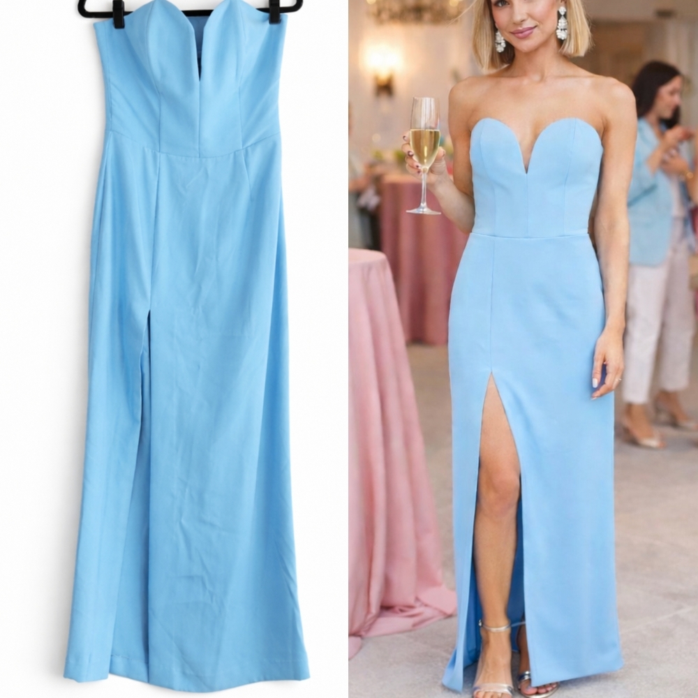 Amanda Uprichard Powder Blue Strapless Maxi Dress with Front Slit